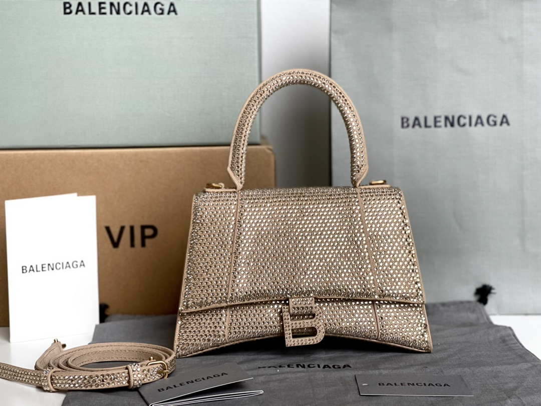 Balenciaga 59283328 Hourglass Top Handle in Apricot Suede Calfskin with Rhinestones Balenciaga 59283328 Hourglass Top Handle In Apricot Suede Calfskin With Rhinestones
