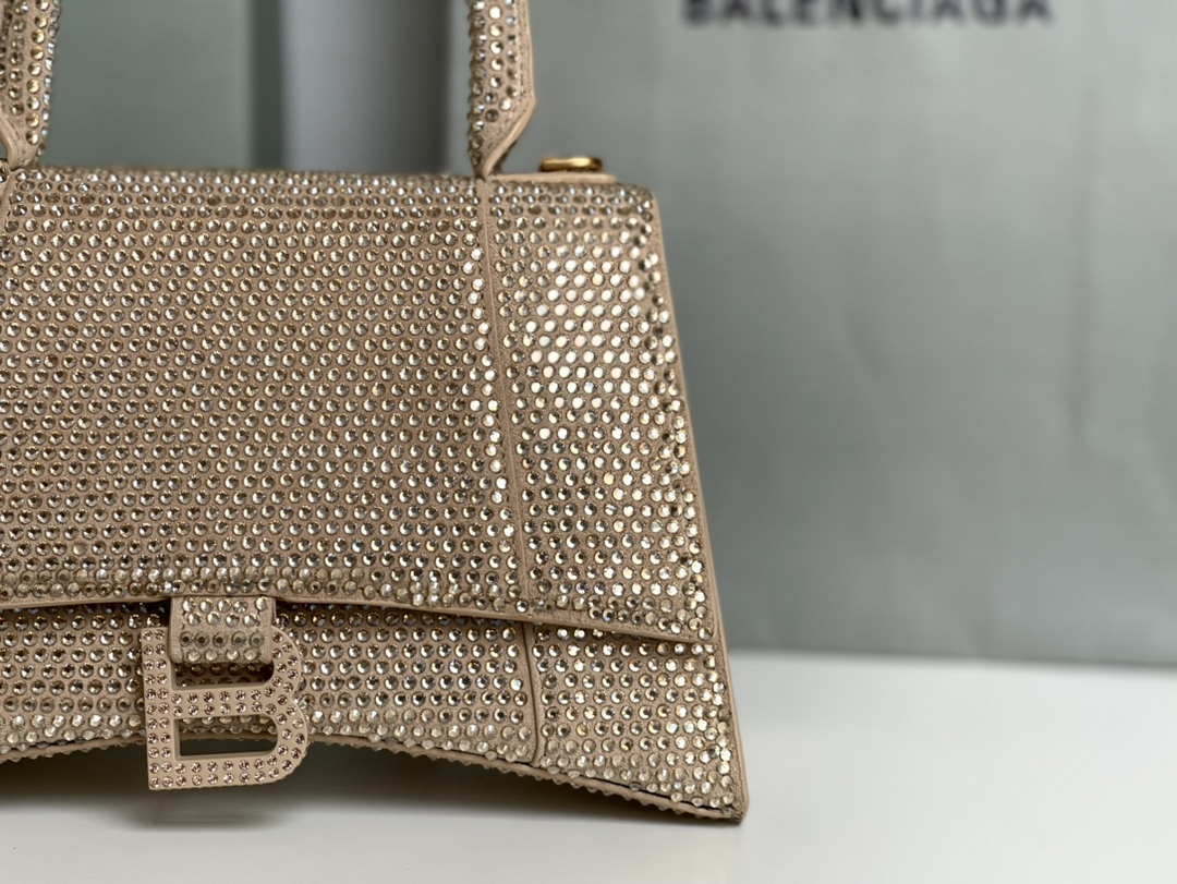 Balenciaga 59283328 Hourglass Top Handle in Apricot Suede Calfskin with Rhinestones Balenciaga 59283328 Hourglass Top Handle In Apricot Suede Calfskin With Rhinestones
