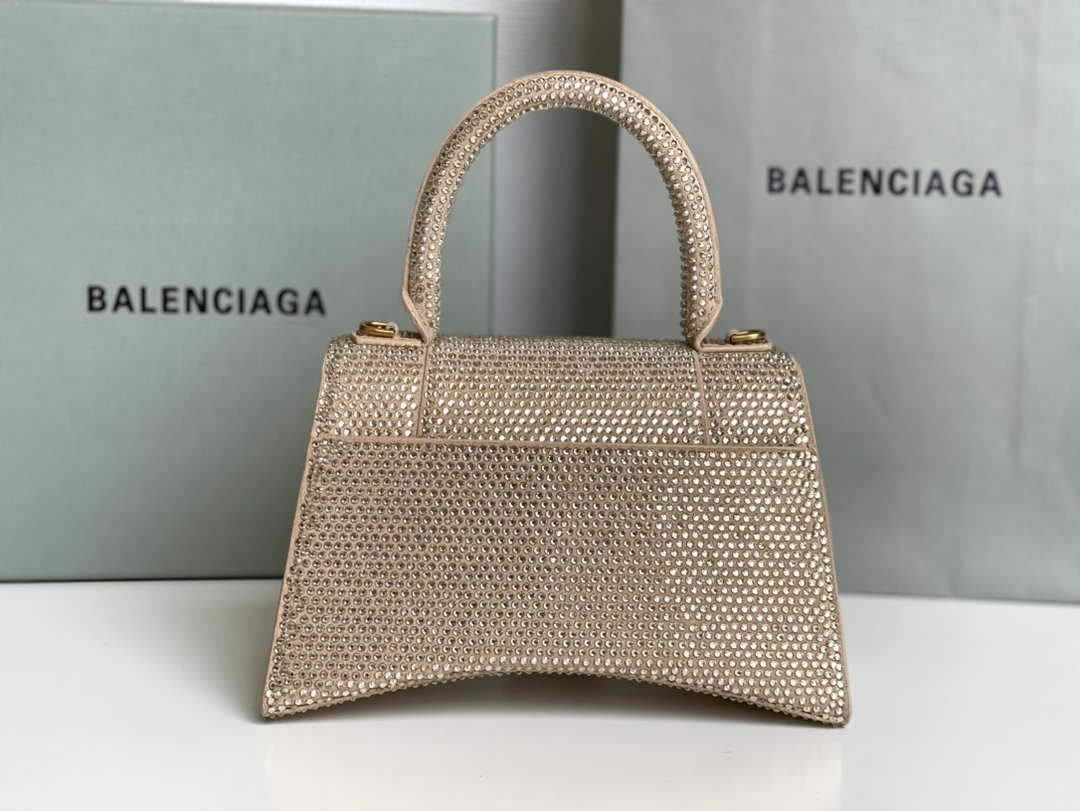 Balenciaga 59283328 Hourglass Top Handle in Apricot Suede Calfskin with Rhinestones Balenciaga 59283328 Hourglass Top Handle In Apricot Suede Calfskin With Rhinestones