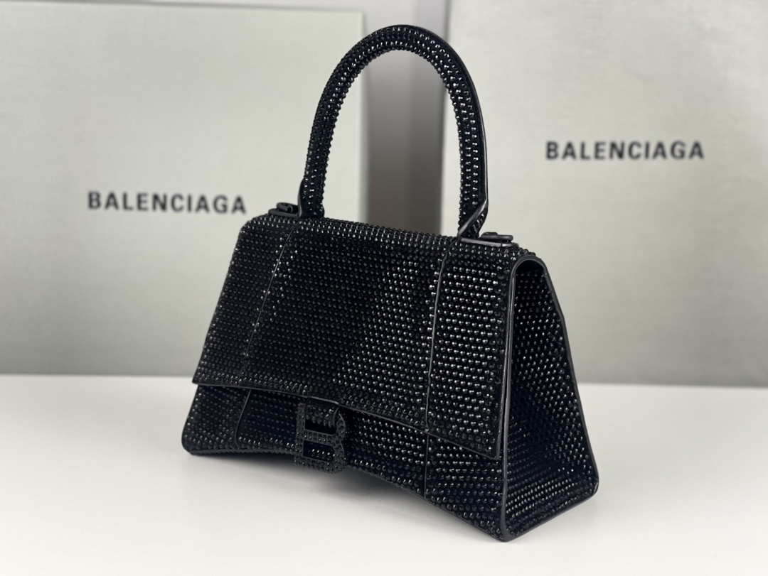 Balenciaga 59283328 Hourglass Top Handle in Black Suede Calfskin with Rhinestones Balenciaga 59283328 Hourglass Top Handle In Black Suede Calfskin With Rhinestones