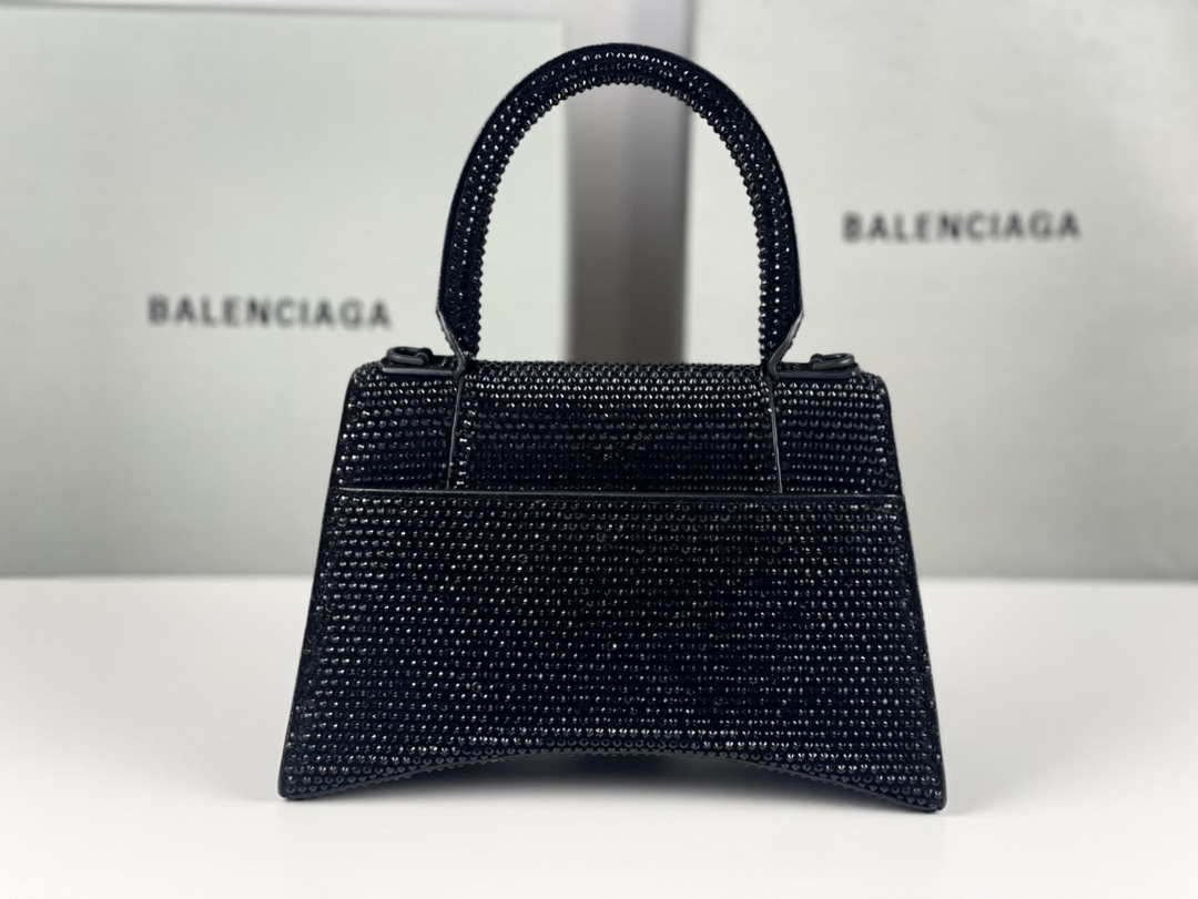 Balenciaga 59283328 Hourglass Top Handle in Black Suede Calfskin with Rhinestones Balenciaga 59283328 Hourglass Top Handle In Black Suede Calfskin With Rhinestones