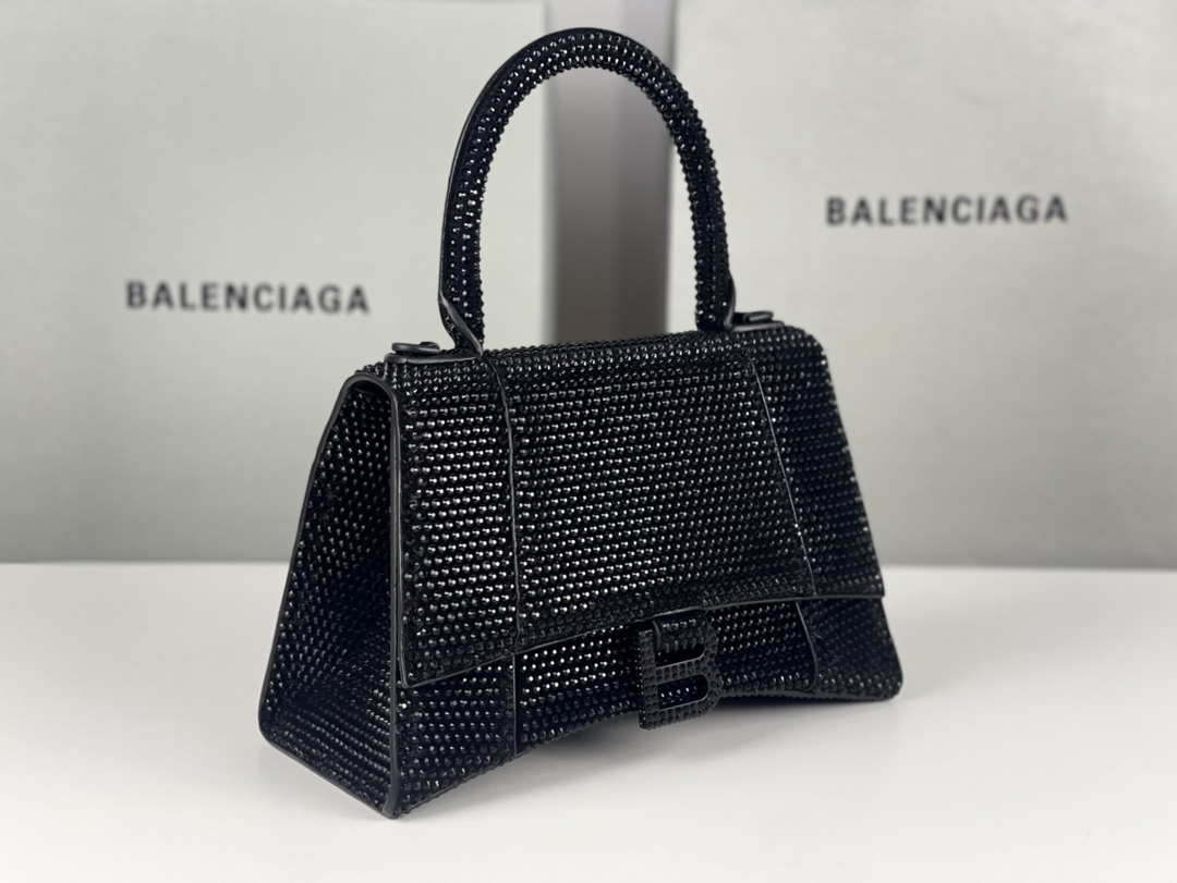 Balenciaga 59283328 Hourglass Top Handle in Black Suede Calfskin with Rhinestones Balenciaga 59283328 Hourglass Top Handle In Black Suede Calfskin With Rhinestones