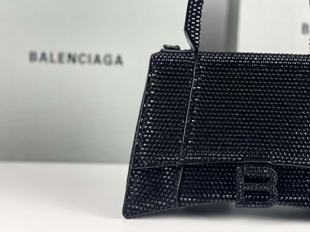 Balenciaga 59283328 Hourglass Top Handle in Black Suede Calfskin with Rhinestones Balenciaga 59283328 Hourglass Top Handle In Black Suede Calfskin With Rhinestones