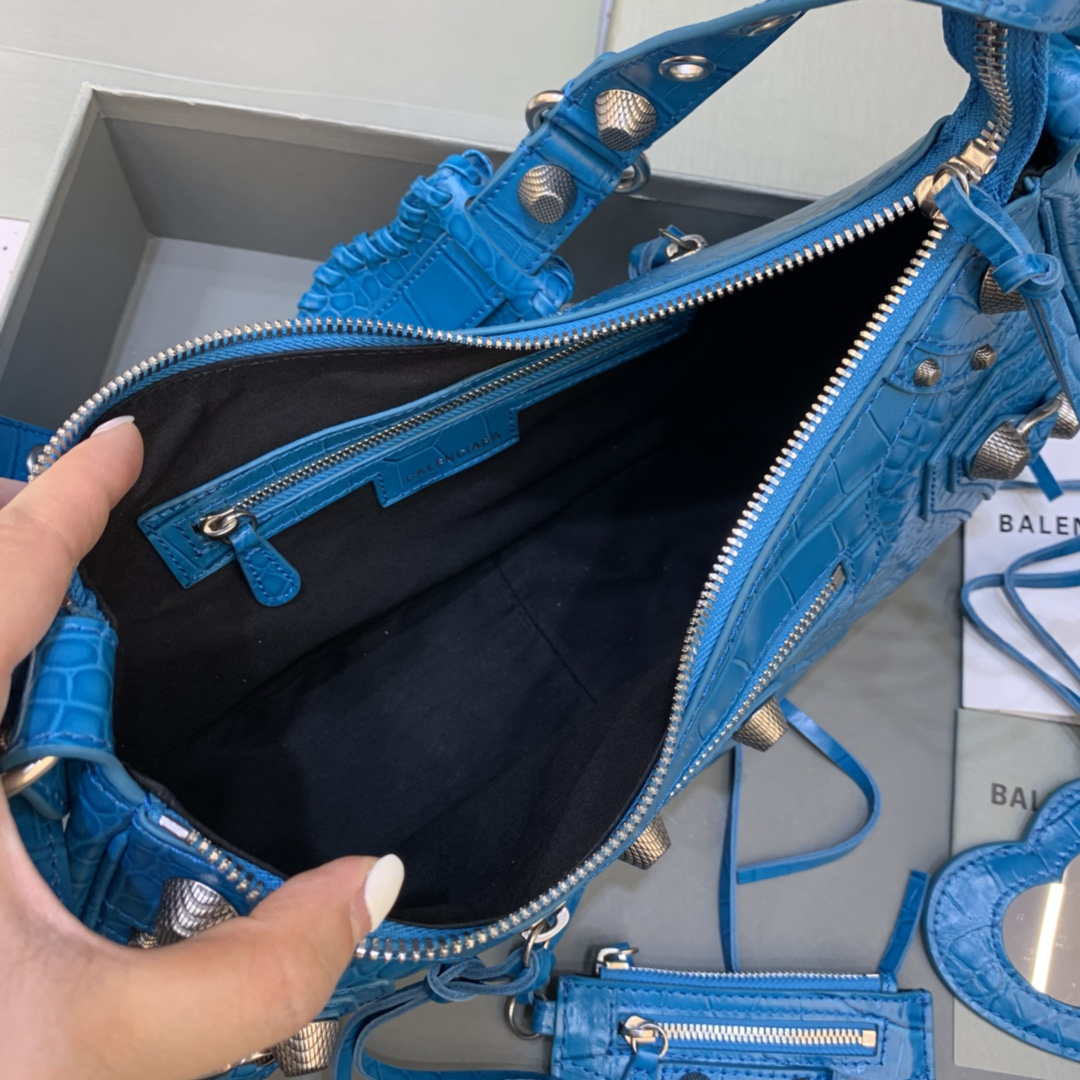 Balenciaga 67130723 Women’s Le Cagole Small Shoulder Bag Crocodile Embossed In Blue Balenciaga 67130723 Women’s Le Cagole Small Shoulder Bag Crocodile Embossed In Blue