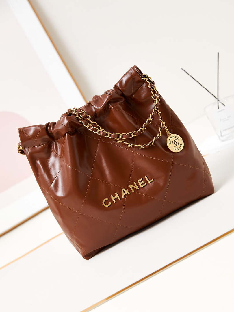 Chanel 22 AS3260 Small Handbag Shiny Calfskin Brown Gold
