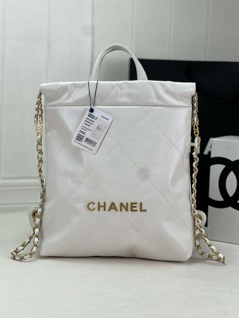 Chanel 22 Backpack AS3859 Shiny White Calfskin With Gold