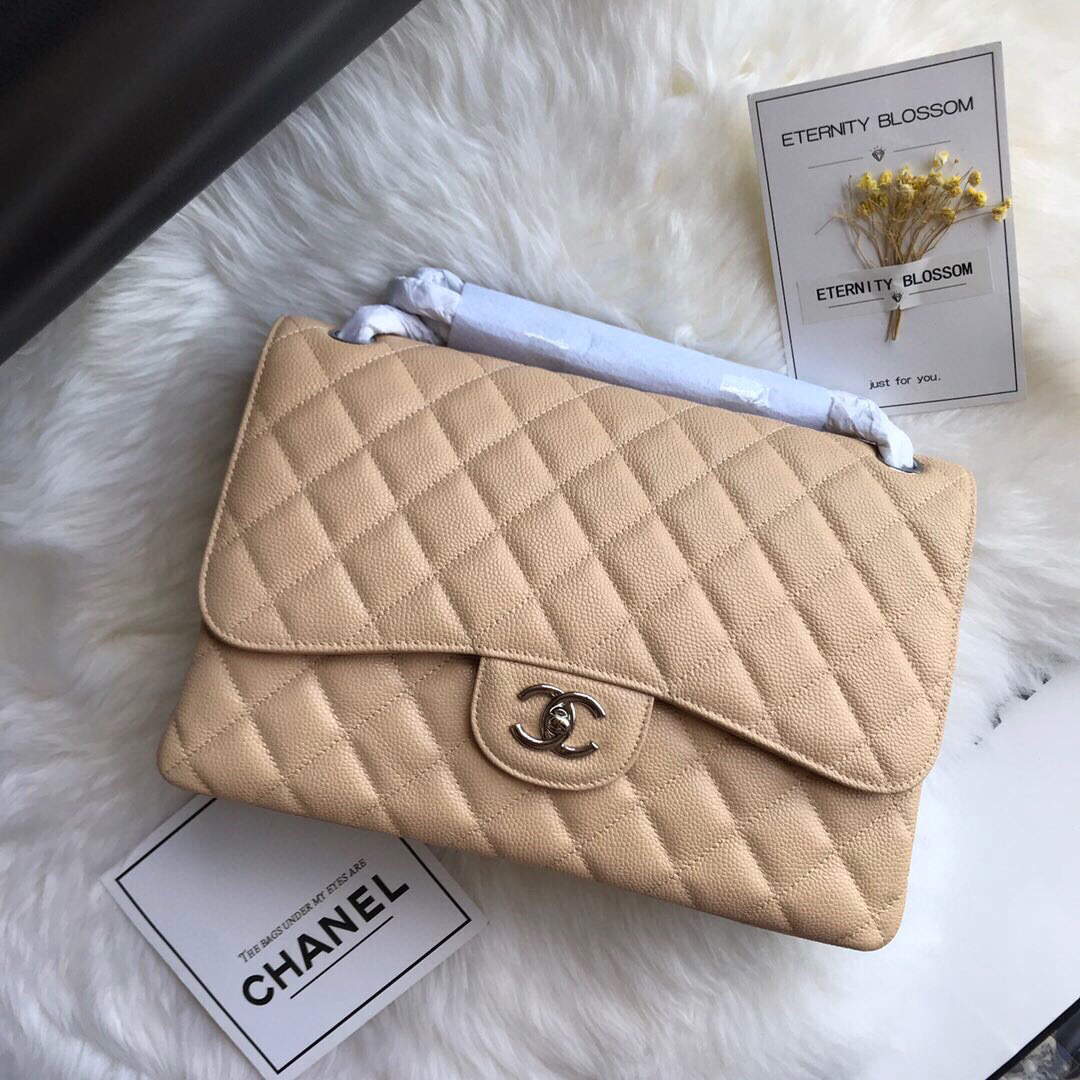 Chanel A01113 Maxi Flap Handbag Classic bag Grained shiny Calfskin gold Tan