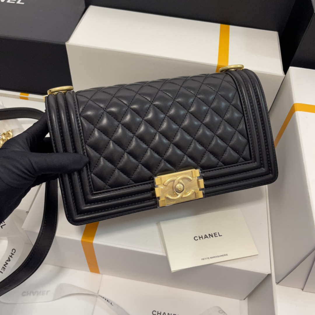 Chanel A67086 Boy Handbag Black Lambskin Leather Gold Chanel A67086 Boy Handbag Black Lambskin Leather Gold