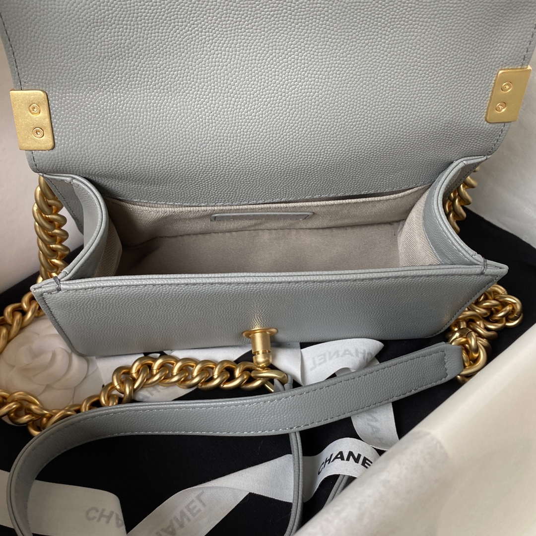 Chanel A94805 Boy Flap Bag With Handle Grained Shiny Calfskin Gold Tone Metal Gray Chanel A94805 Boy Flap Bag With Handle Grained Shiny Calfskin Gold Tone Metal Gray