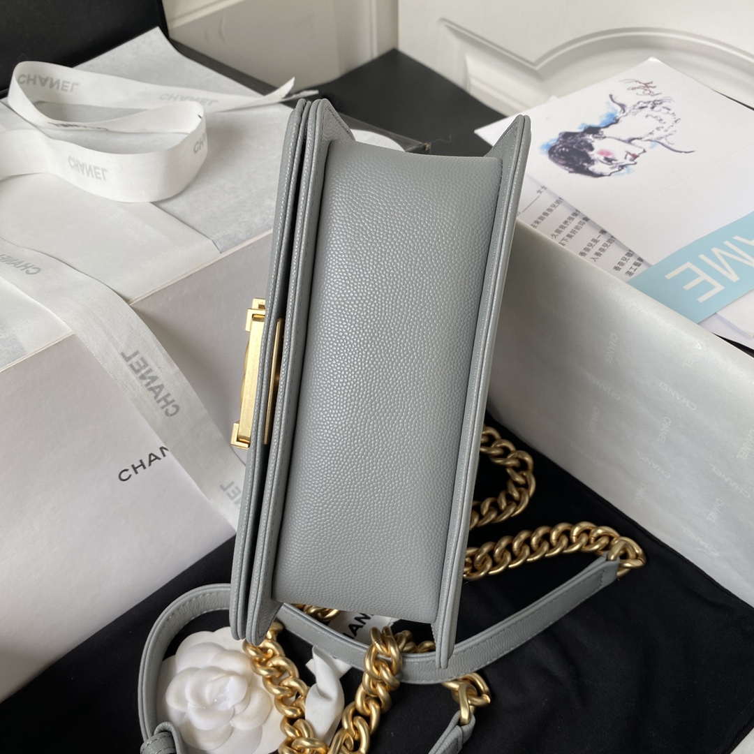 Chanel A94805 Boy Flap Bag With Handle Grained Shiny Calfskin Gold Tone Metal Gray Chanel A94805 Boy Flap Bag With Handle Grained Shiny Calfskin Gold Tone Metal Gray