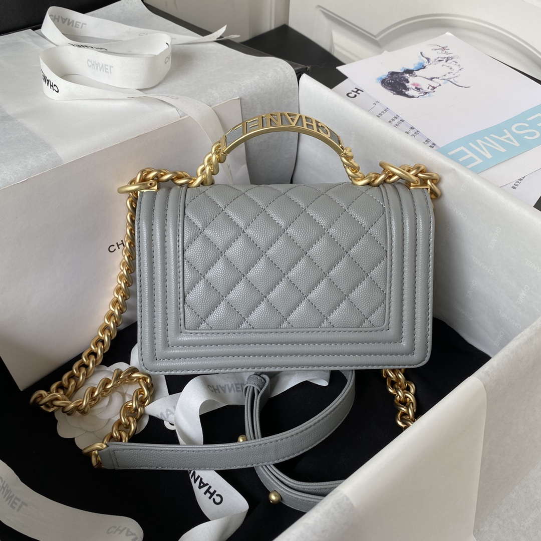 Chanel A94805 Boy Flap Bag With Handle Grained Shiny Calfskin Gold Tone Metal Gray Chanel A94805 Boy Flap Bag With Handle Grained Shiny Calfskin Gold Tone Metal Gray