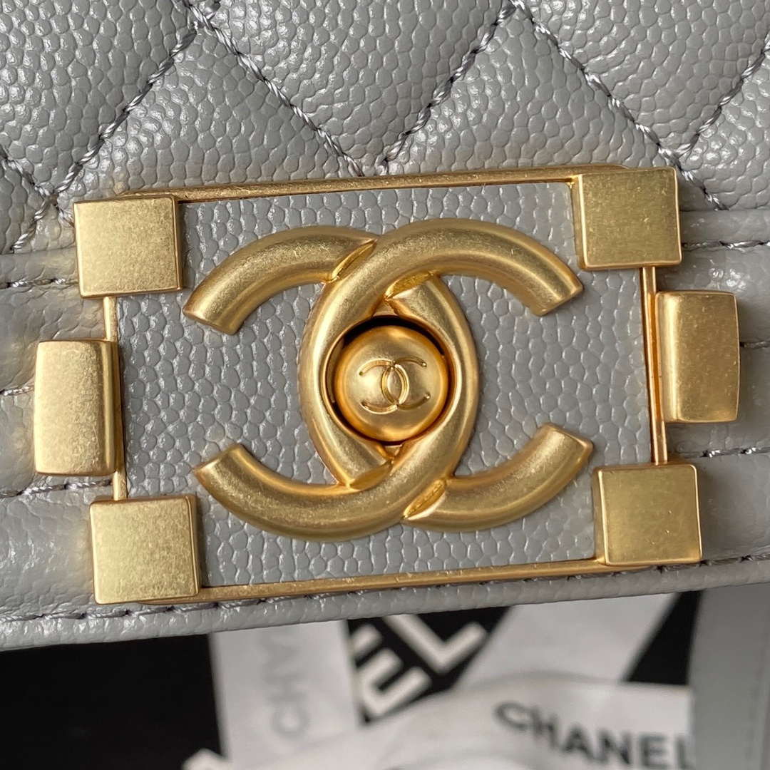 Chanel A94805 Boy Flap Bag With Handle Grained Shiny Calfskin Gold Tone Metal Gray Chanel A94805 Boy Flap Bag With Handle Grained Shiny Calfskin Gold Tone Metal Gray