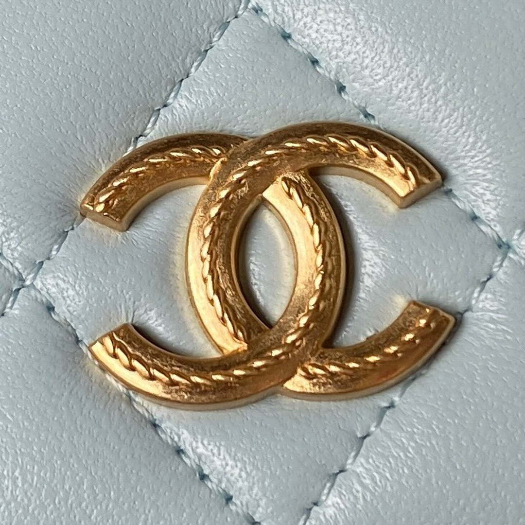 Chanel AP3385 Woc Flap Phone Holder With Chain Lambskin Blue Gold