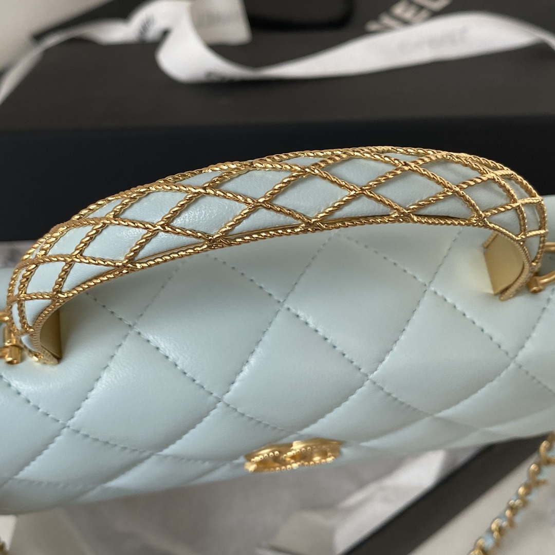 Chanel AP3385 Woc Flap Phone Holder With Chain Lambskin Blue Gold