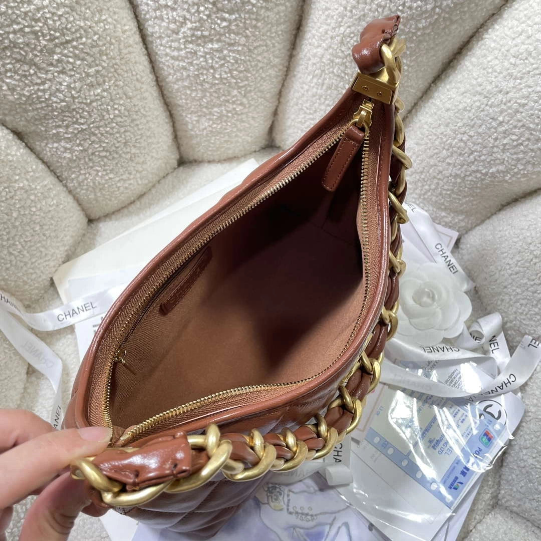 Chanel AS4912 Meduim Hobo Shiny Lambskin & Gold-Tone Metal Brown