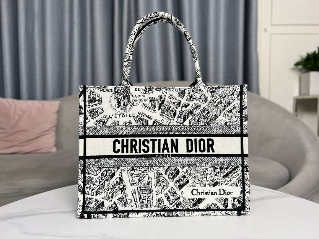 Dior Book Tote M1296 Medium Dior Black and White Plan de Paris Embroidery