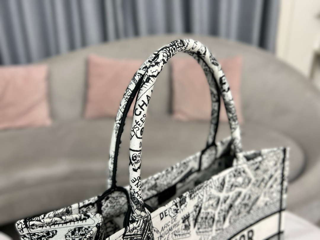 Dior Book Tote M1296 Medium Dior Black and White Plan de Paris Embroidery