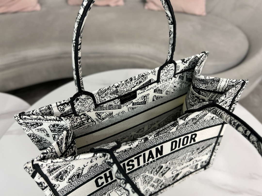 Dior Book Tote M1296 Medium Dior Black and White Plan de Paris Embroidery