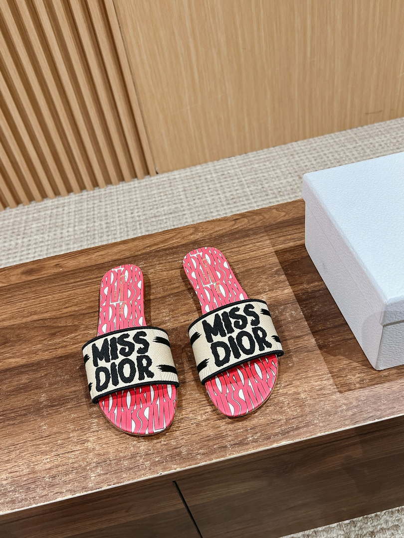 Dior KCO109EZO Dway Slide Embroidered Cotton and Pink Miss Dior Allover Motif Shoes D82986