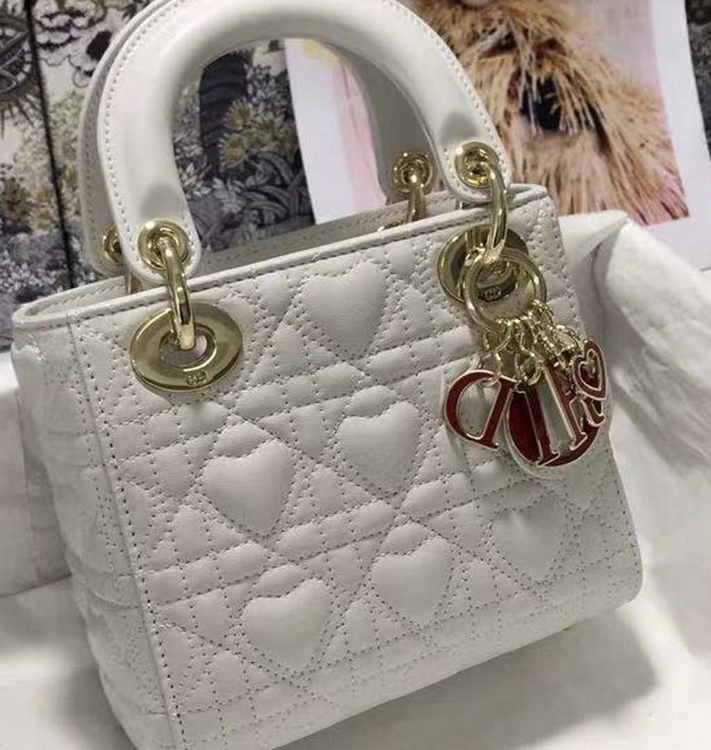 Dior M0505 Mini Dior Lady Bag White Cannage lambskin Gold with Red Logo