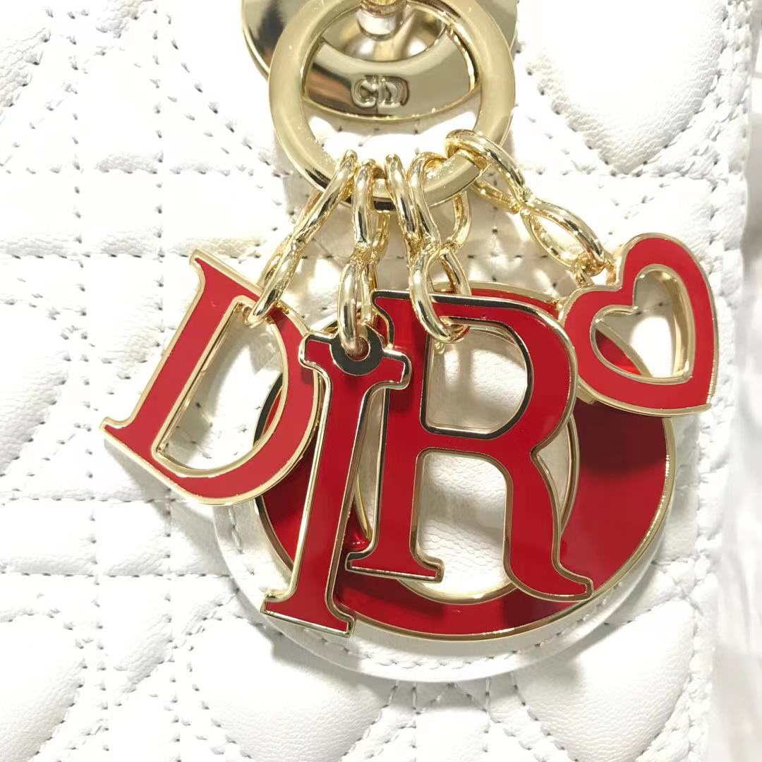 Dior M0505 Mini Dior Lady Bag White Cannage lambskin Gold with Red Logo