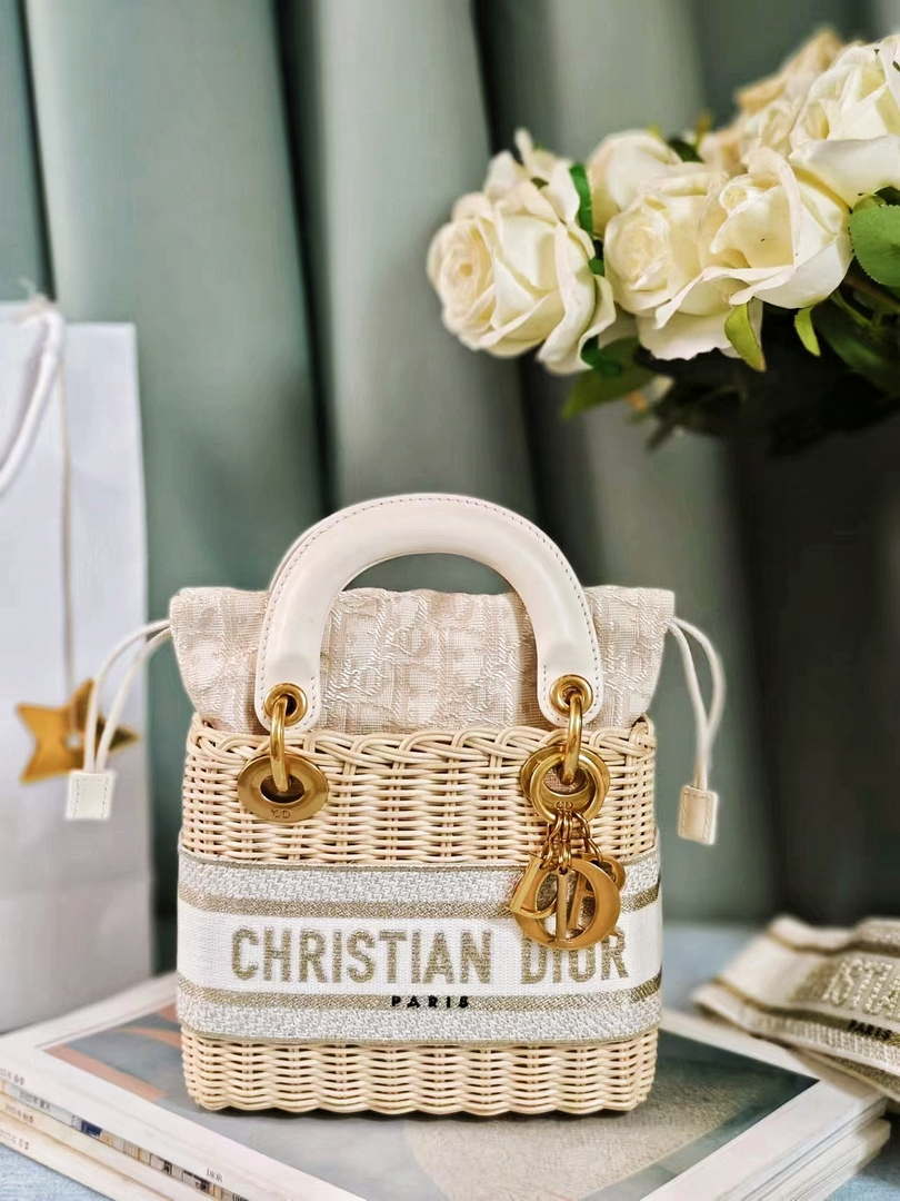 Dior M0505 MINI Lady Dior Bag Natural Wicker Grey Dior Oblique Jacquard