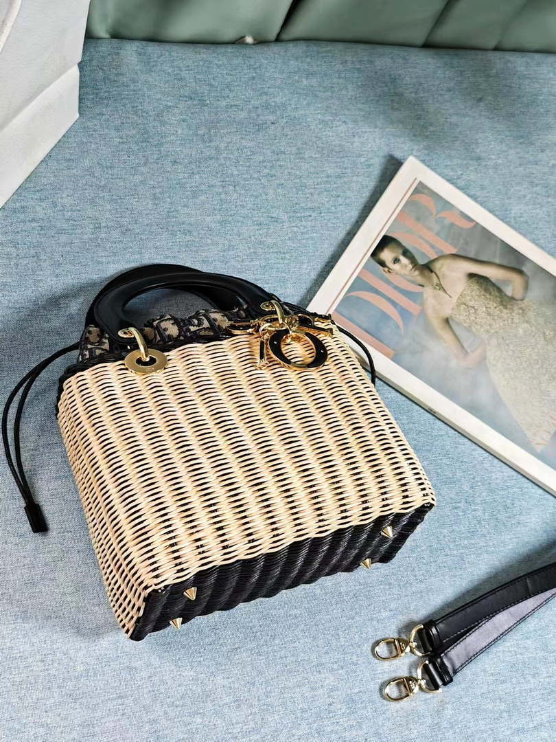 Dior M0505 MINI Lady Dior Bag Natural Wicker navy Blue