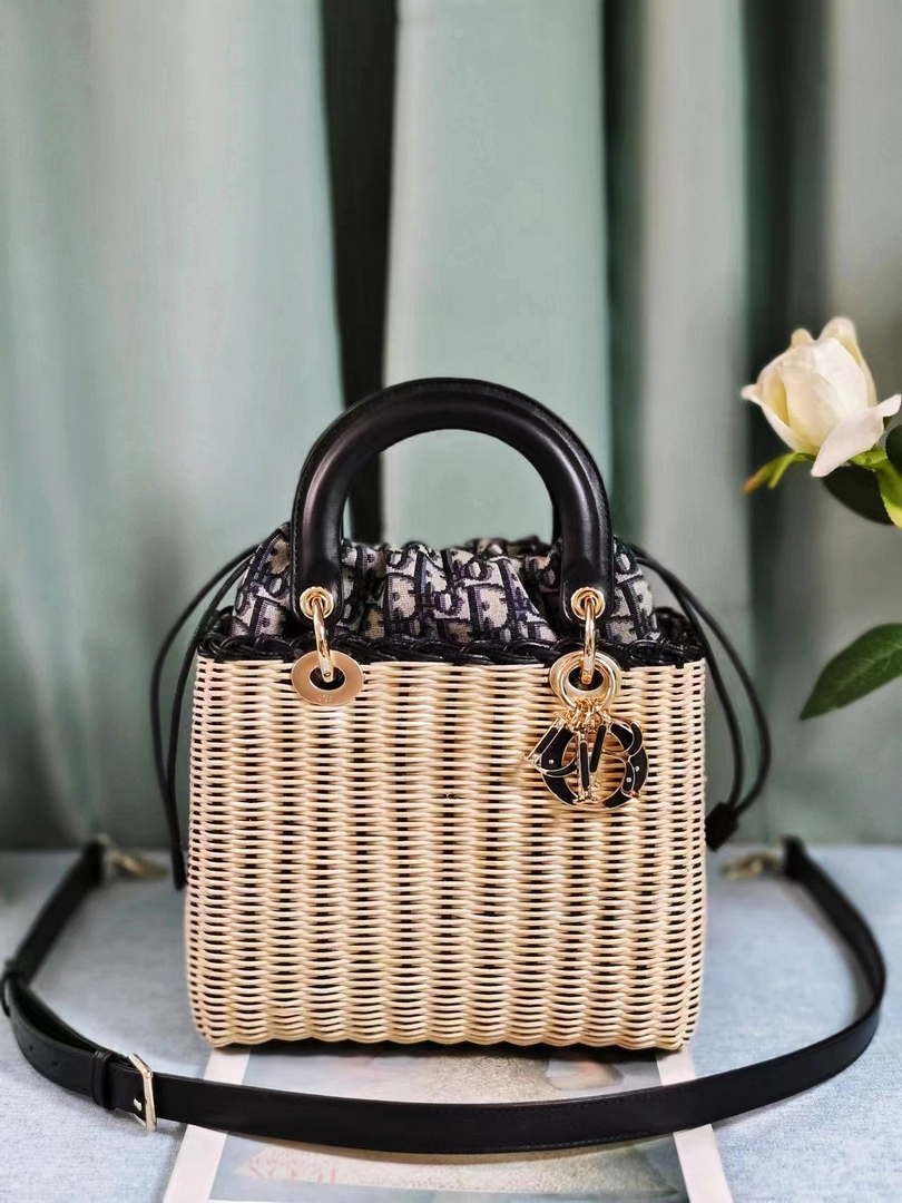 Dior M0505 MINI Lady Dior Bag Natural Wicker navy Blue