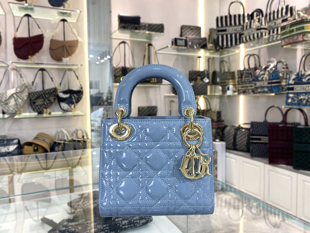 Dior M0505 Mini Lady Dior Bag Sky Blue Patent Cannage Calfskin