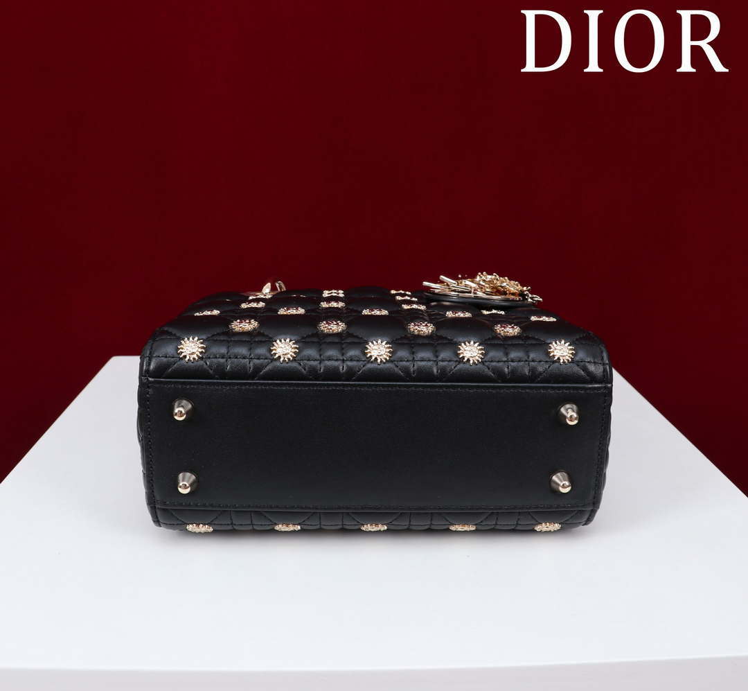 Dior M0531 Small Lady Dior Bag Black Cannage Lambskin with Gold-Finish Sun Studs