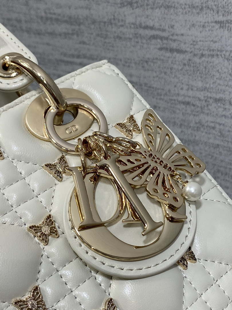Dior M0531 Small Lady Dior Bag White Cannage Lambskin with Gold-Finish Butterfly Studs