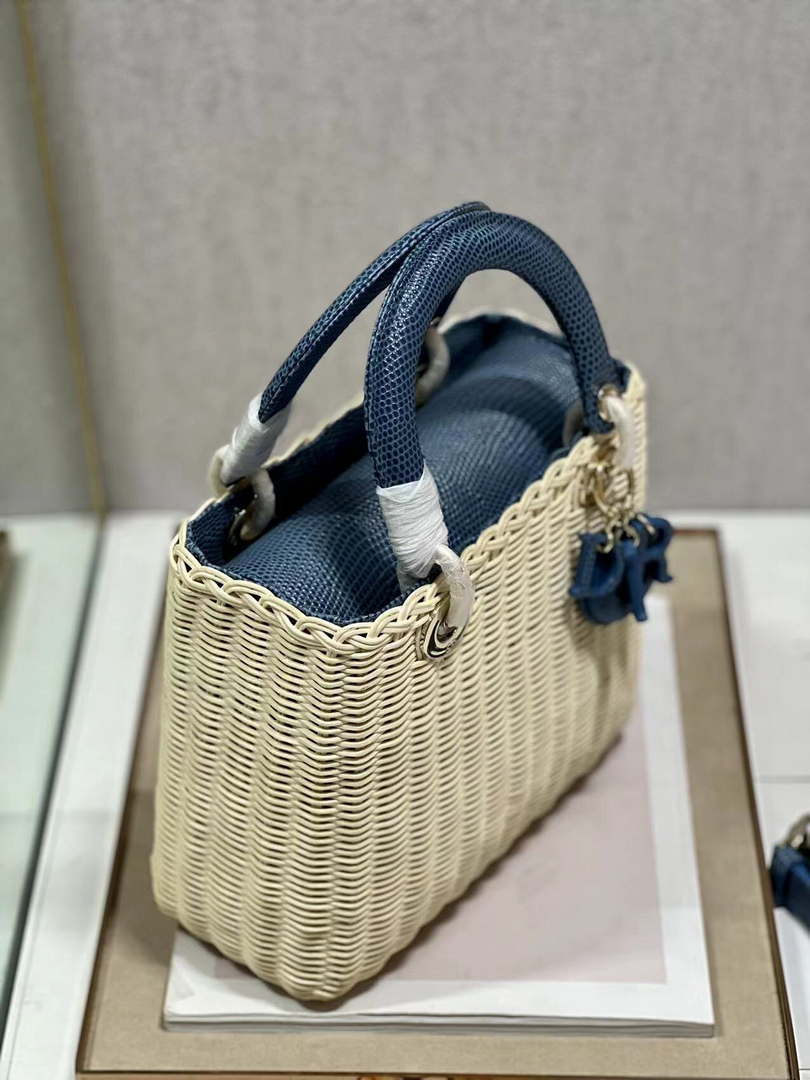 Dior M0565 Medium Lady Dior Bag Natural Wicker With Navy Blue Snake