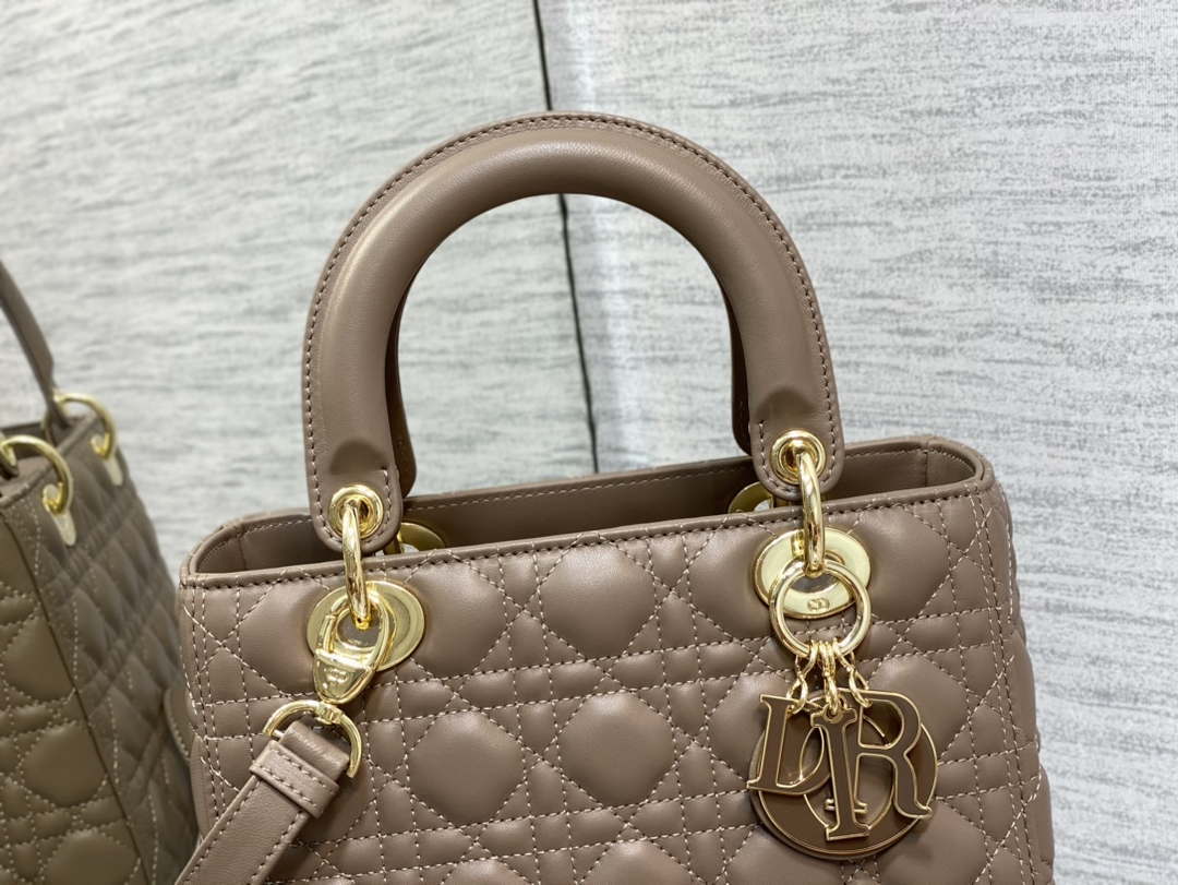 Dior M0565 Medium Lady Dior Bag Taupe Cannage Lambskin Enamel Hardware