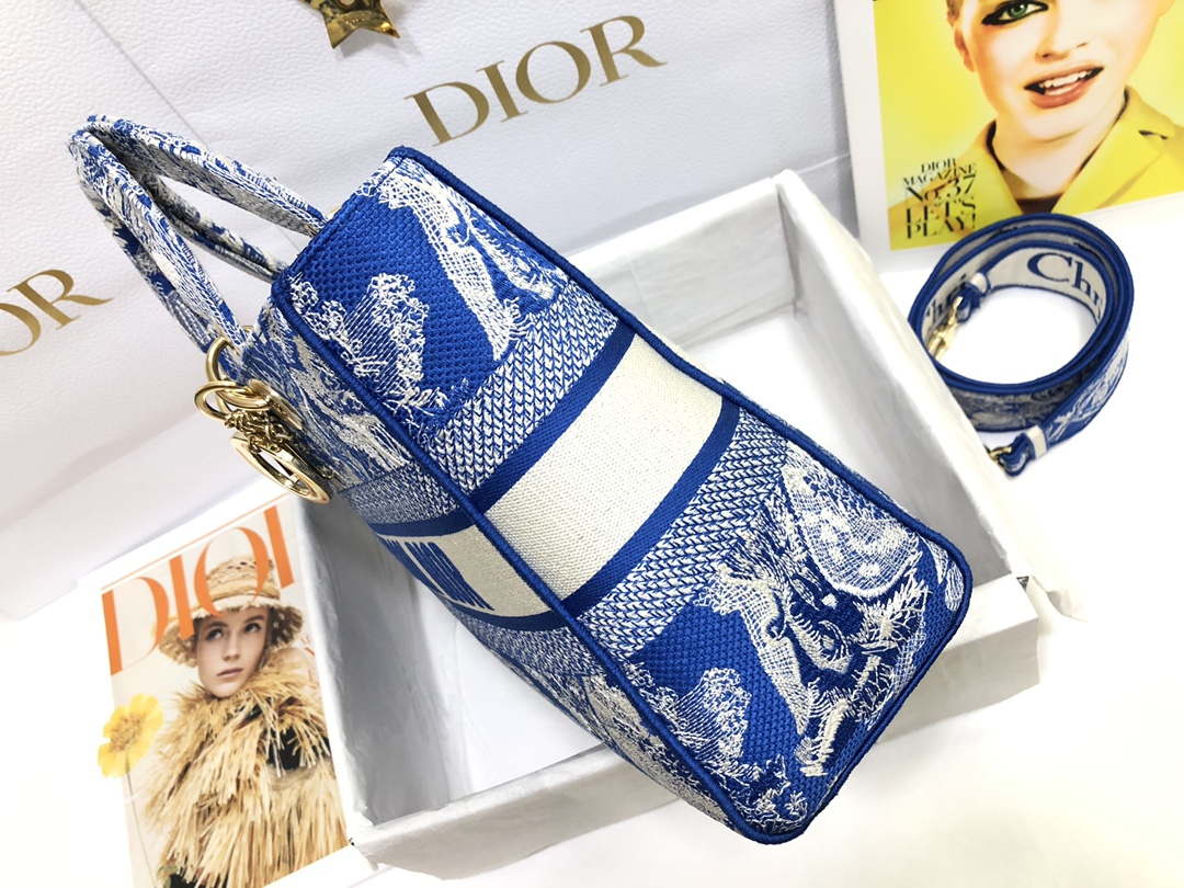 Dior M0566 Large Lady D-Lite Blue Toile de Jouy Embroidery M1053 Dior M0566 Large Lady D Lite Blue Toile De Jouy Embroidery M1053