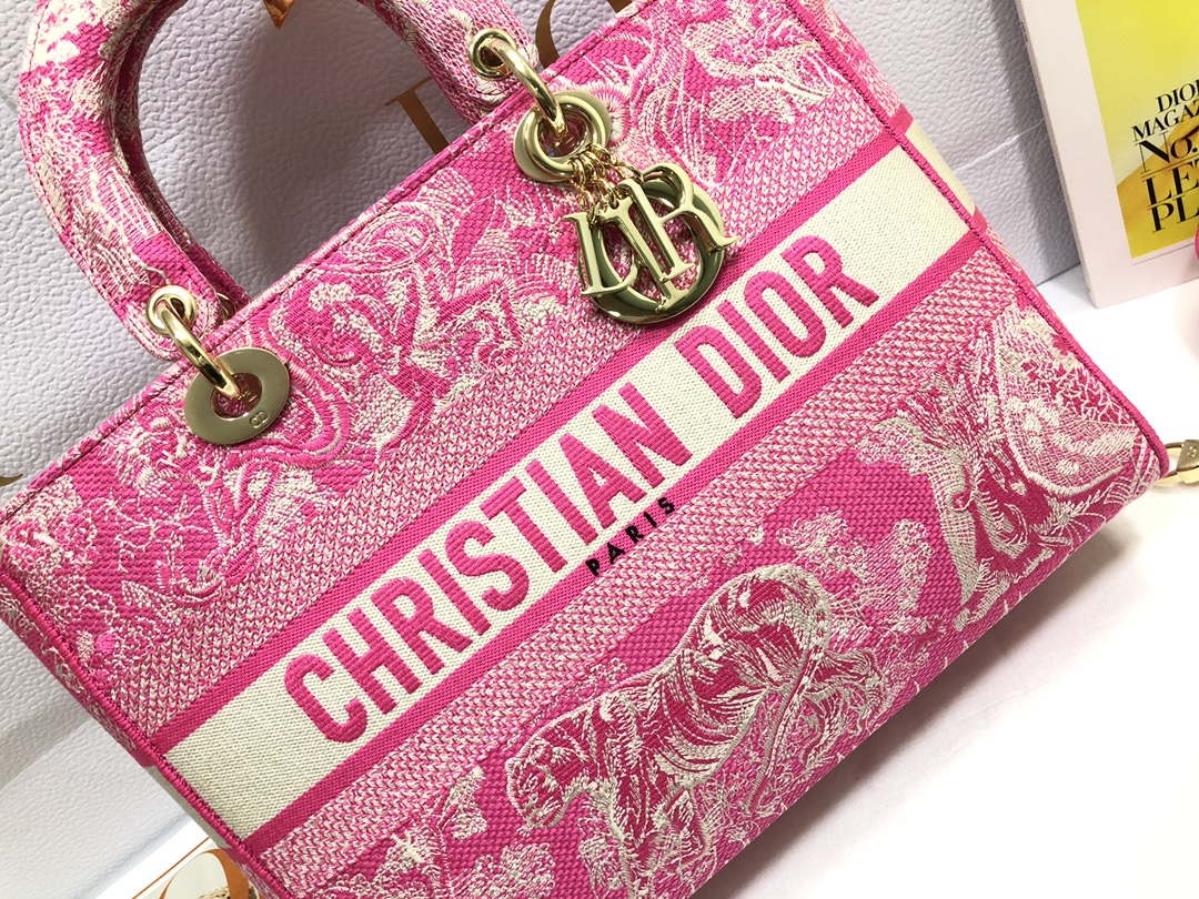 Dior M0566 Large Lady D-Lite Rose red de Jouy Embroidery M1054