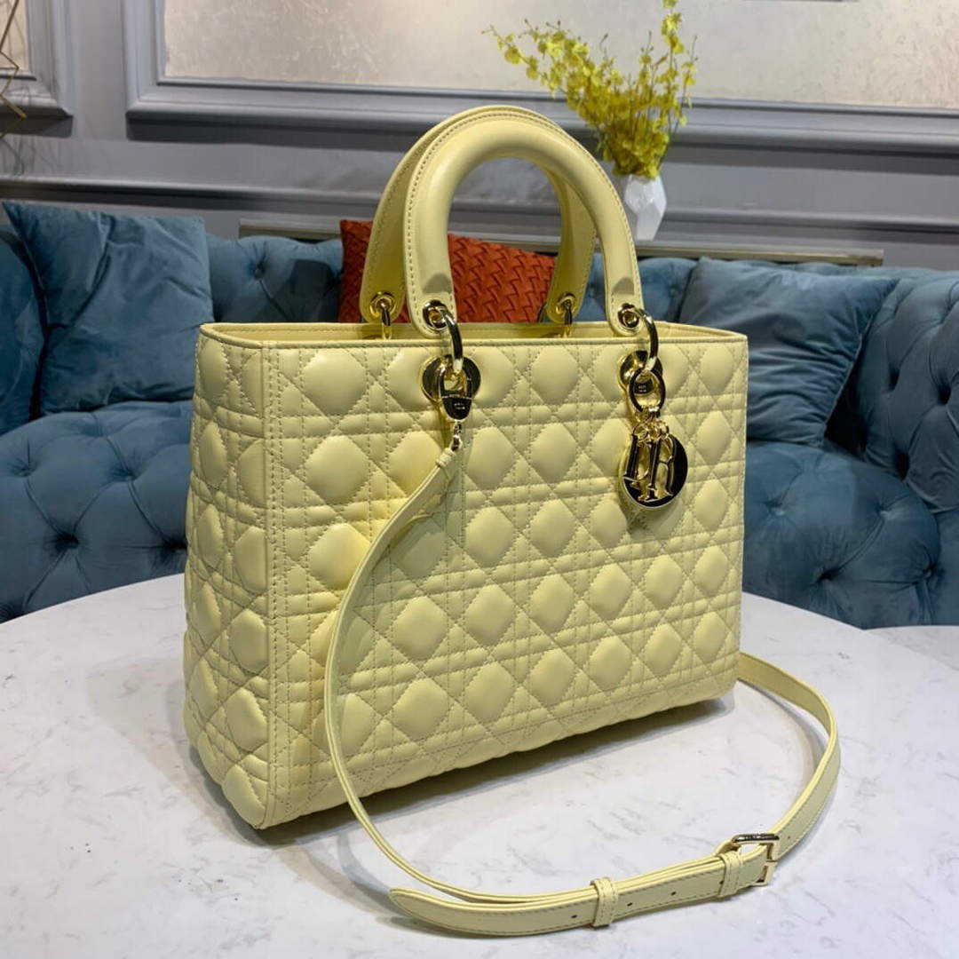 Dior M0566 Large Lady Dior Cannage Calfskin Bag Yellow Dior M0566 Large Lady Dior Cannage Calfskin Bag Yellow