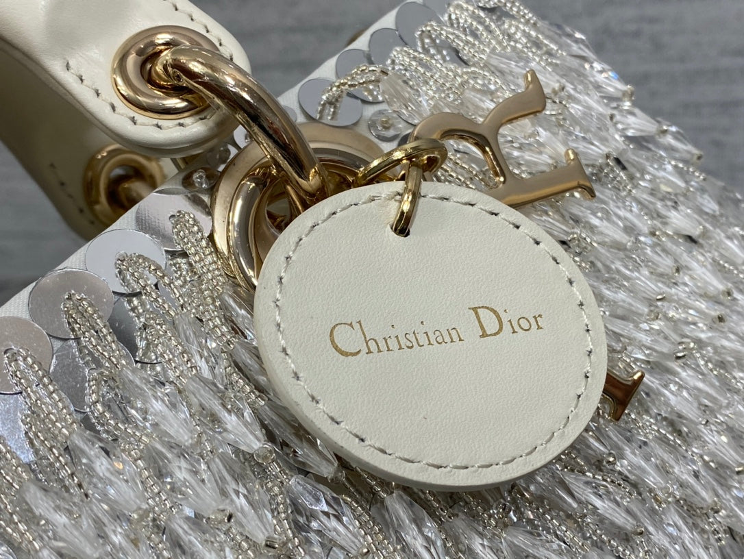 Dior M0613 Small Lady D-joy Bag Cannage Lambskin Limited Edition D-Joy Bag Black Fabric Embroidered with Glass-Bead Fringe White