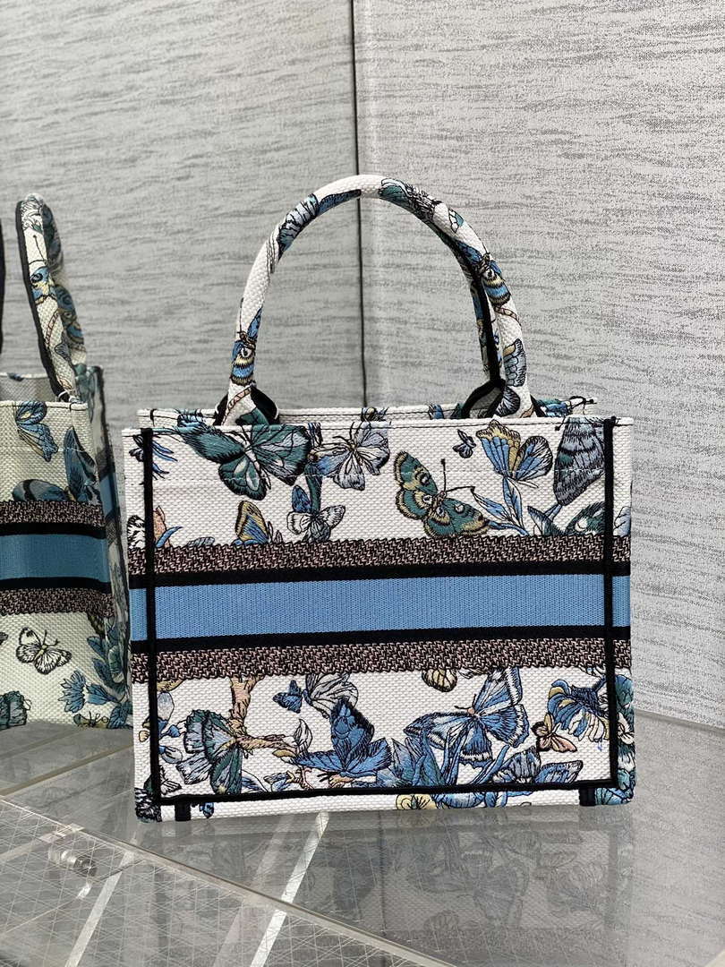 Dior M1265 Small Book Tote White and Pastel Midnight Blue Toile de Jouy Mexico Embroidery