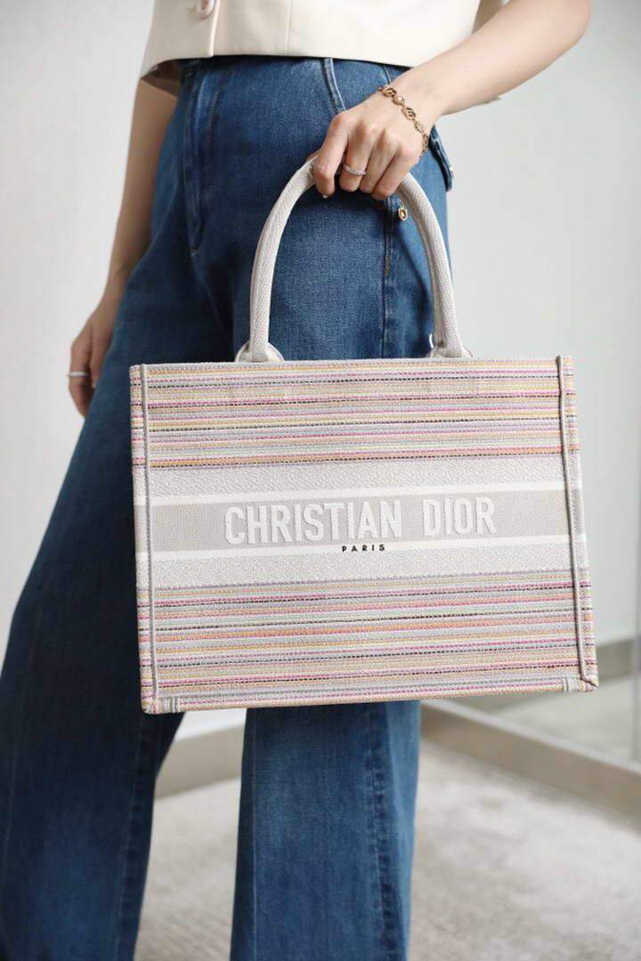 Dior M1286 Dior Book Tote Pink D-Stripes Embroidery