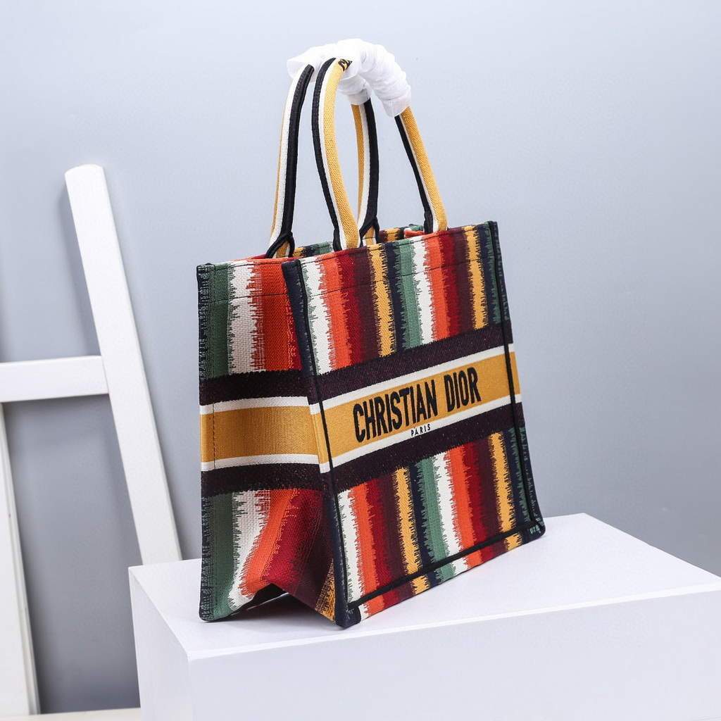 Dior M1286 Dior Book Tote Red Multicolor D-Stripes Embroidery