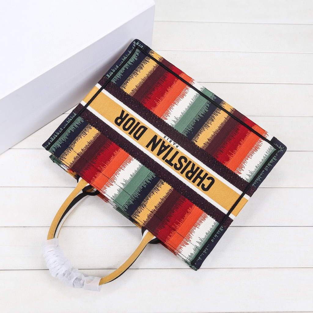 Dior M1286 Dior Book Tote Red Multicolor D-Stripes Embroidery