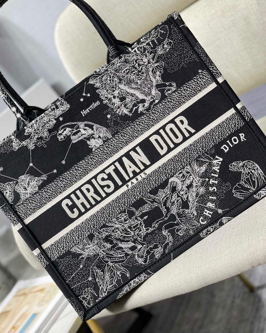 Dior M1296 Medium Book Tote Black Toile de Jouy Zodiac latte embroidery