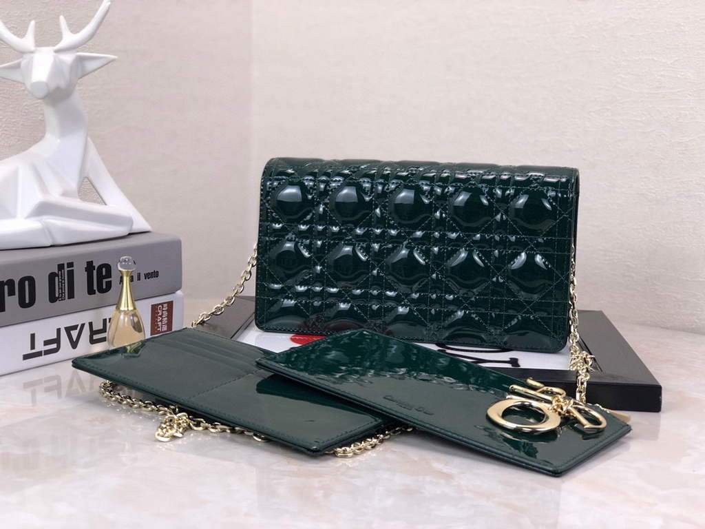 Dior S0204 Lady Dior Pouch Patent Cannage Calfskin Dark green