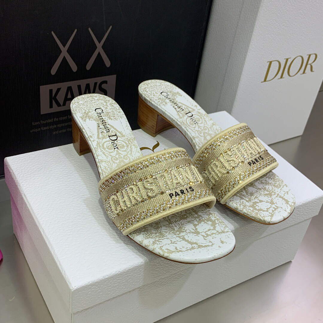 Dior Women’s Shoes Dway Heeled Slide Metallic Thread Strass KCQ244CHS Gold