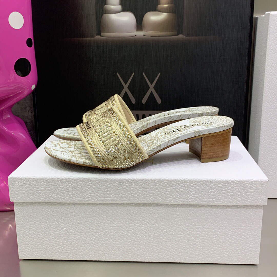 Dior Women’s Shoes Dway Heeled Slide Metallic Thread Strass KCQ244CHS Gold