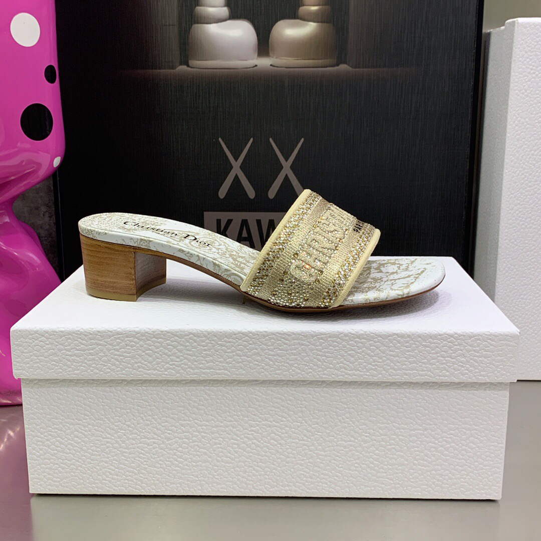 Dior Women’s Shoes Dway Heeled Slide Metallic Thread Strass KCQ244CHS Gold