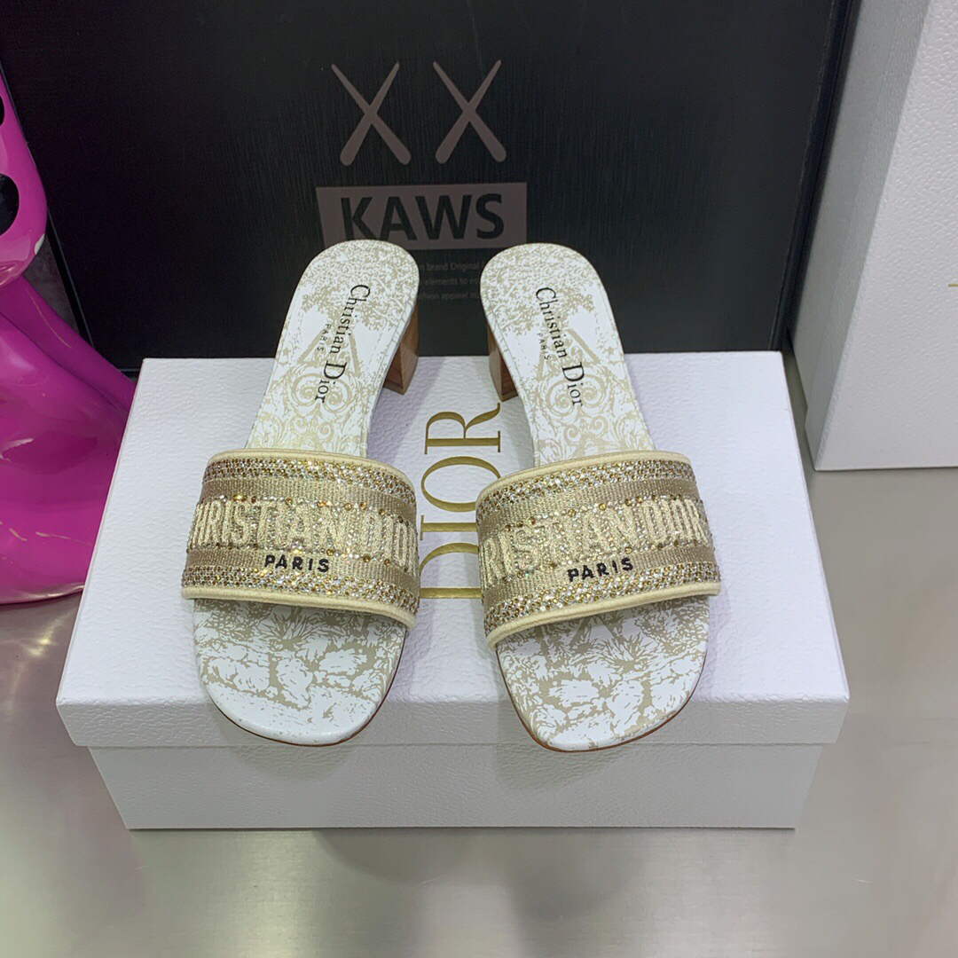 Dior Women’s Shoes Dway Heeled Slide Metallic Thread Strass KCQ244CHS Gold