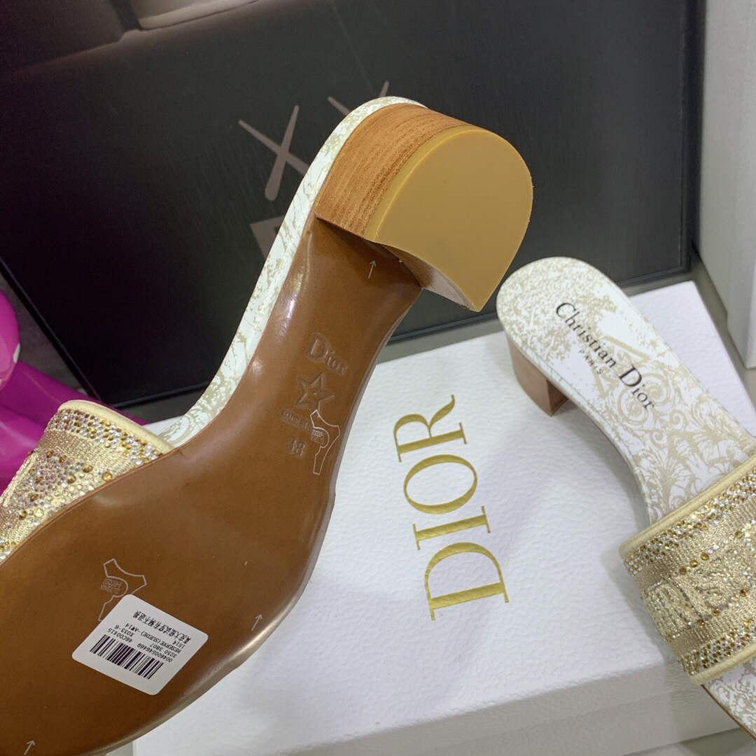 Dior Women’s Shoes Dway Heeled Slide Metallic Thread Strass KCQ244CHS Gold