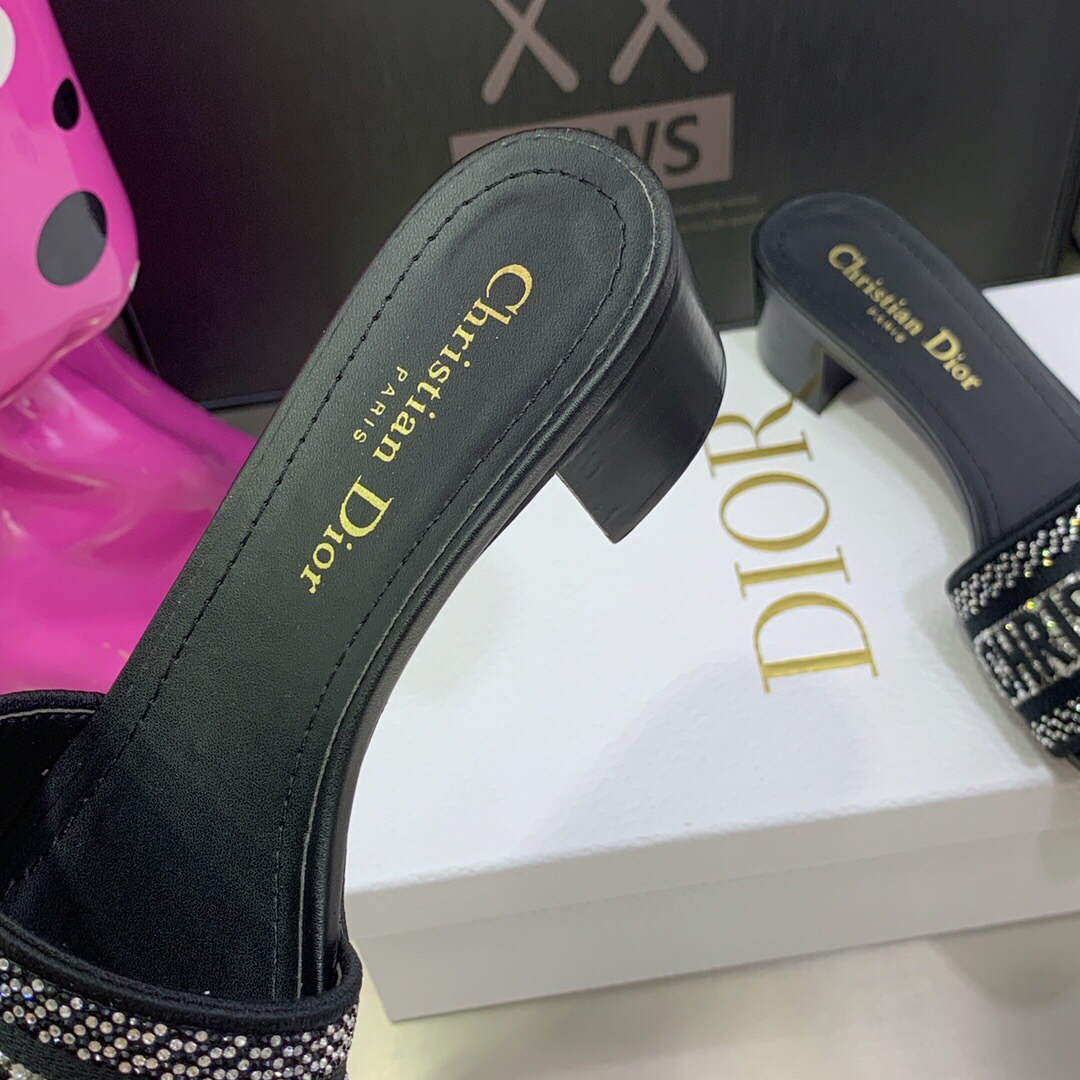 Dior Women’s Shoes Dway Heeled Slide Metallic Thread Strass KCQ244LCS Black