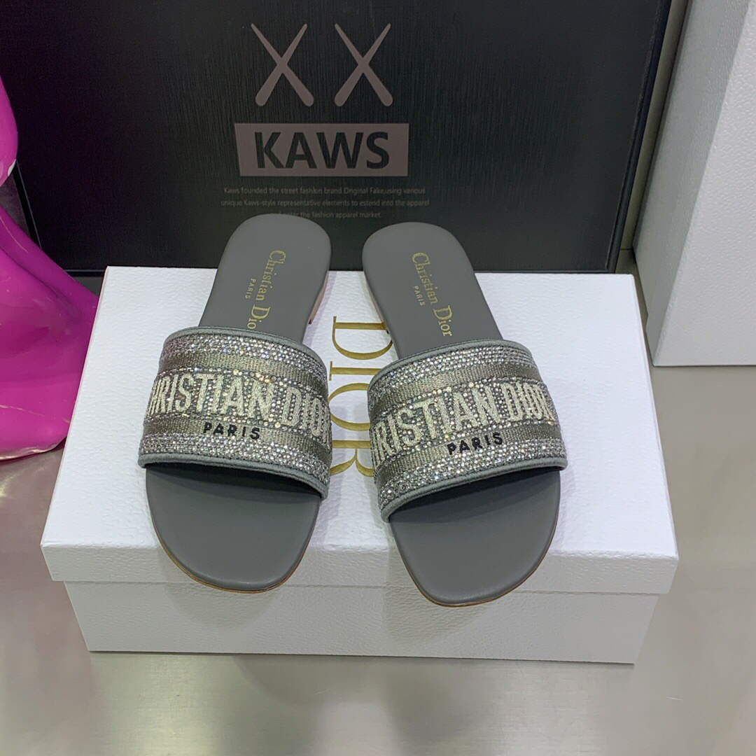 Dior Women’s Shoes Dway Slide Diamond Embroidered KCQ166ERC Gray